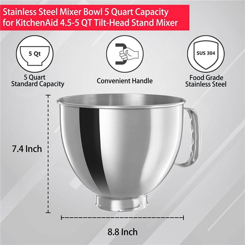 Kitchenaid Mixer Artisan 5Qt - A21T 3X ステンレス製ミキシングボウル（キッチンエイド クラシック アーティザン 4.5QT/5QT対応）。食器洗い機で洗える交換用ボウル、シルバー。
